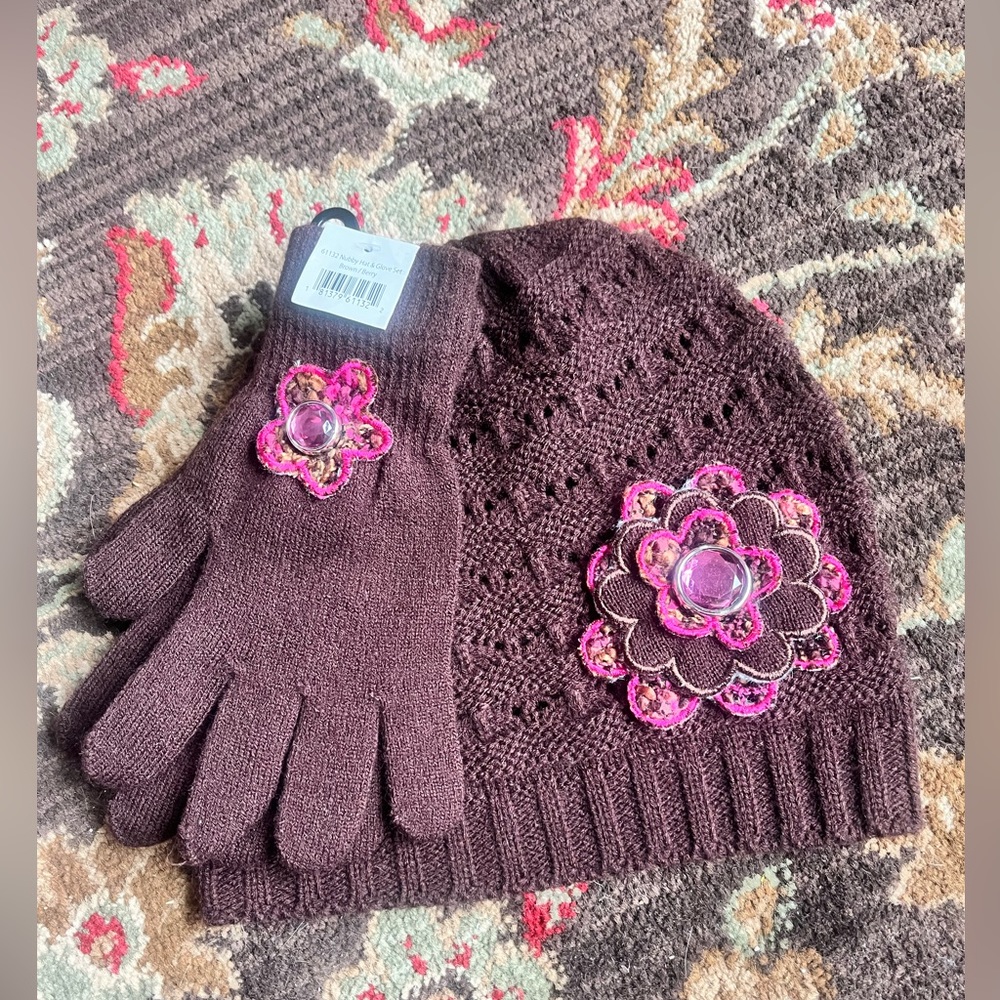Vtg Y2K Brown Berry Nubby Hat & Glove set w/pink rhinestone flower by Amanda Blu